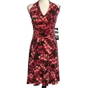 Snap Dress M Halter Floral Ruched Brown Red Midi